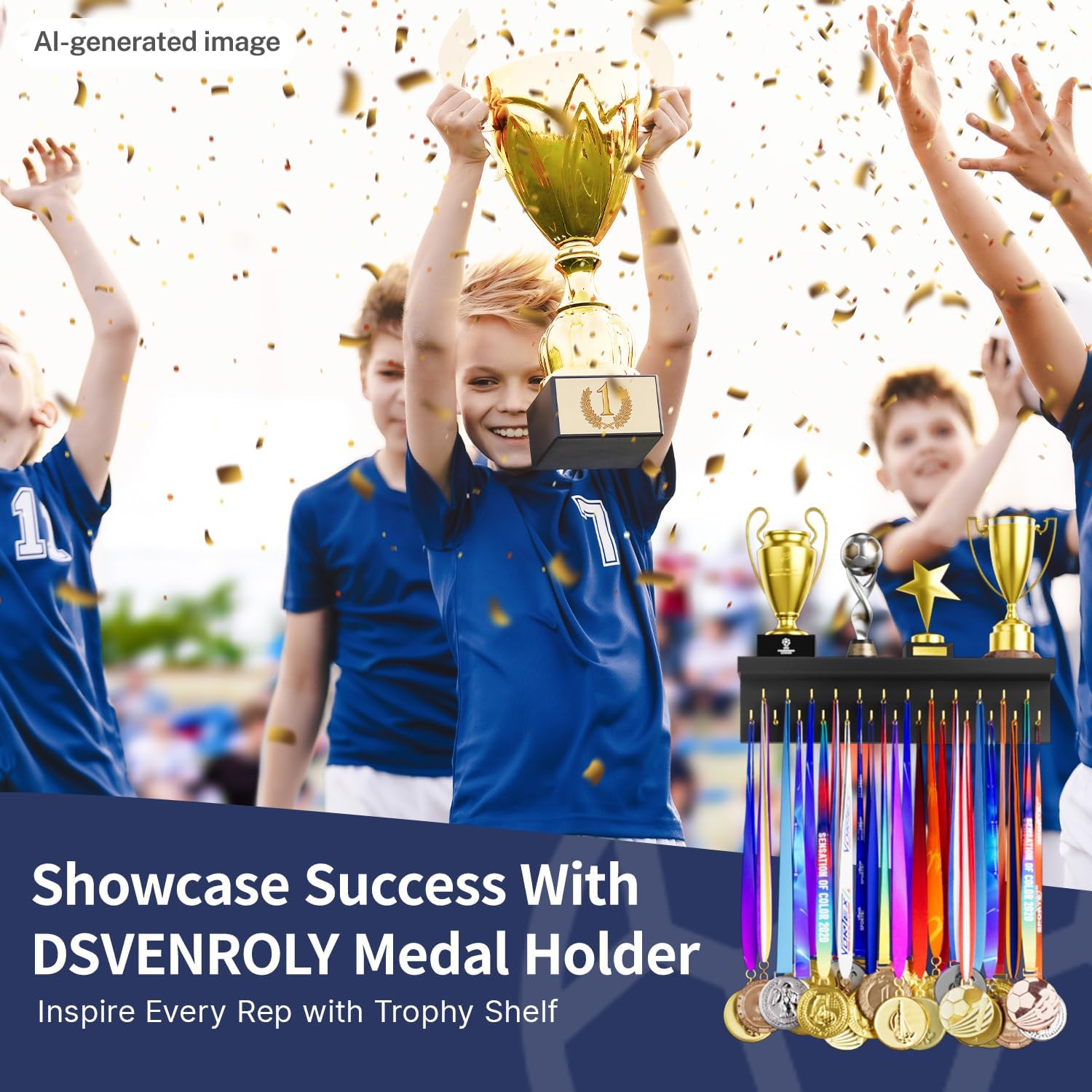 Medal Holder Display Trophy Shelf Organizer, Sturdy Wooden Race Award Hanger Rack with 25 Steel Hooks, Wall Mount