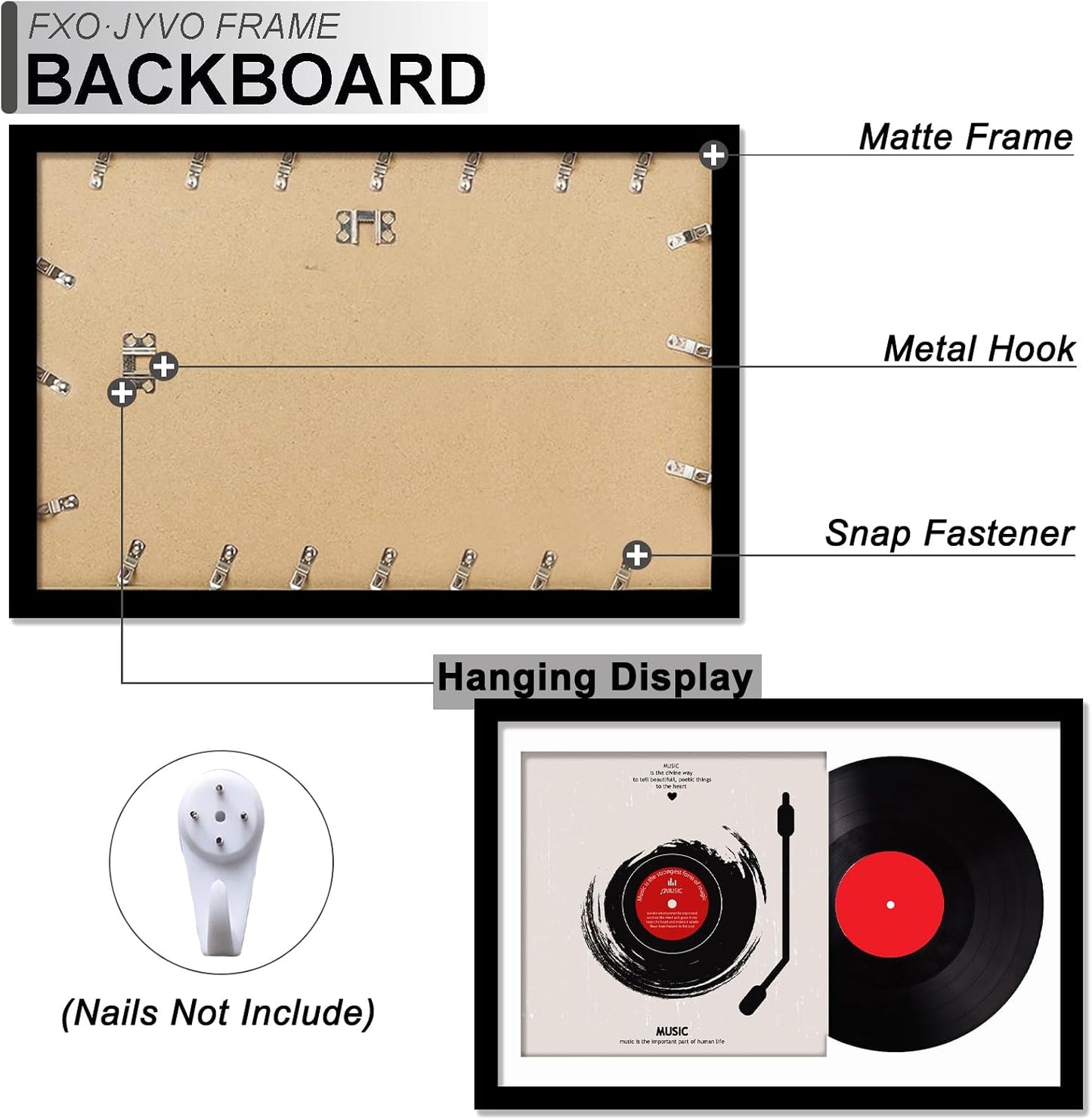 Vinyl Record Frame Display for 12 inch LP with 12.5x12.5 Album Cover | Black 16x24 Frame Light Weight with High-Clarity