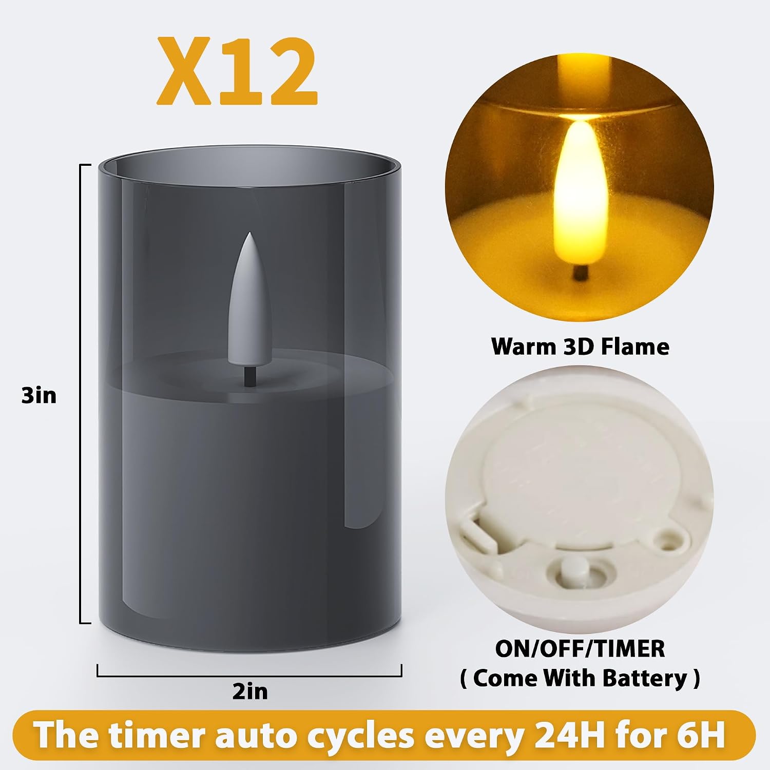 12Pack Flameless LED Candles with Timer, Battery Operated, Black, 2"x3" | Small Pillar & Votive Candle with Realistic