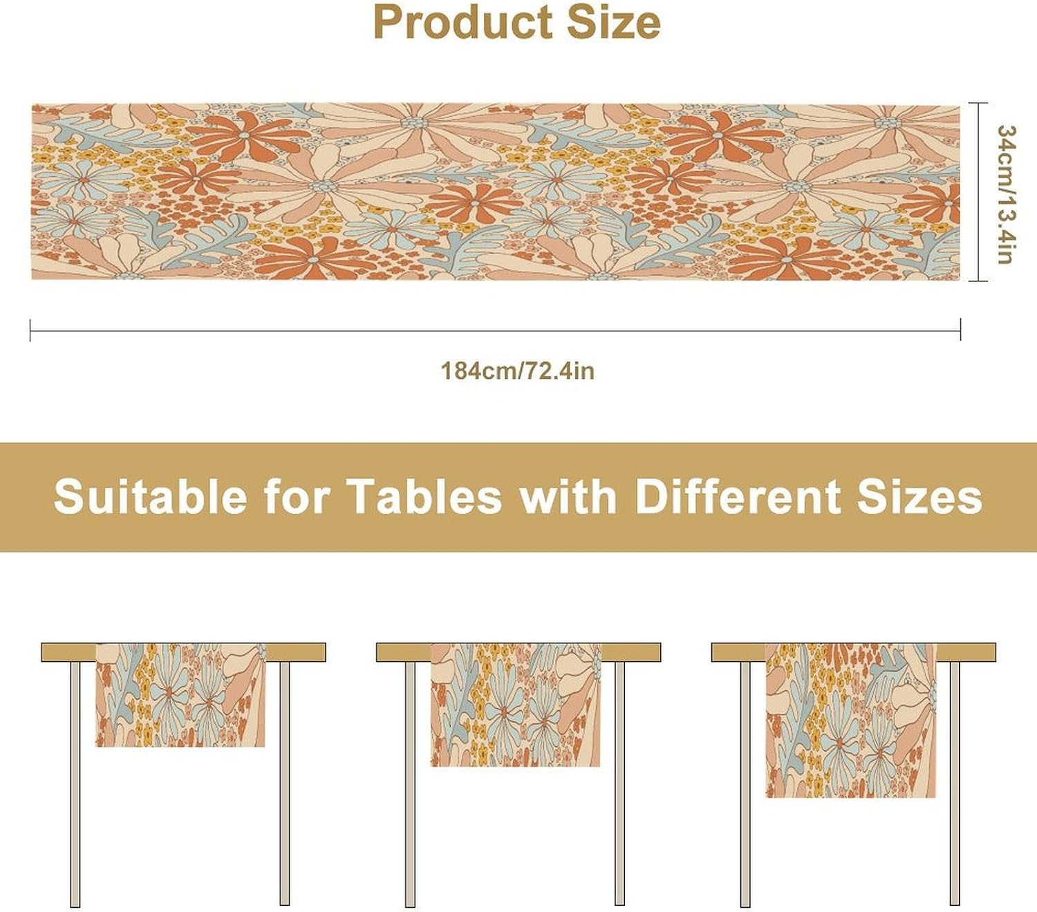 Boho Floral Table Runner Retro 19108s Hippie Summer Groovy Floral Power Printed Linen Table Runner for Home Kitchen
