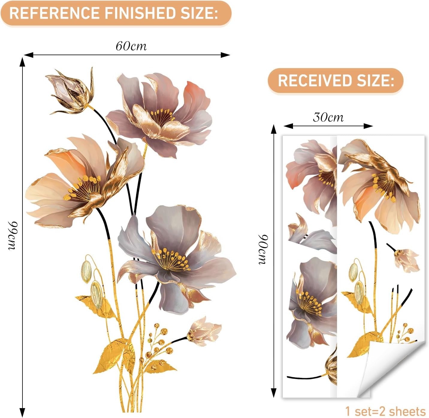 Vinyl Wall Sticker / 3d Flower / Gold