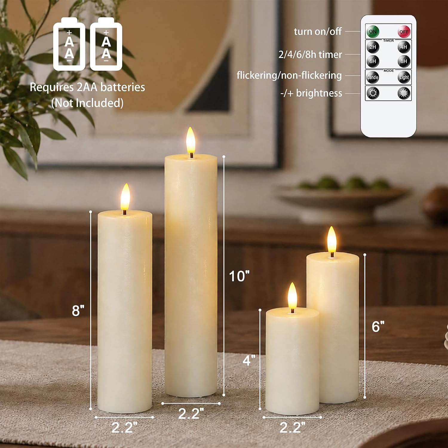 Flickering Flameless Pillar Candles with Remote Control and Cycle Timer,Ivory Pack of 4 Battery Operated(Powered by