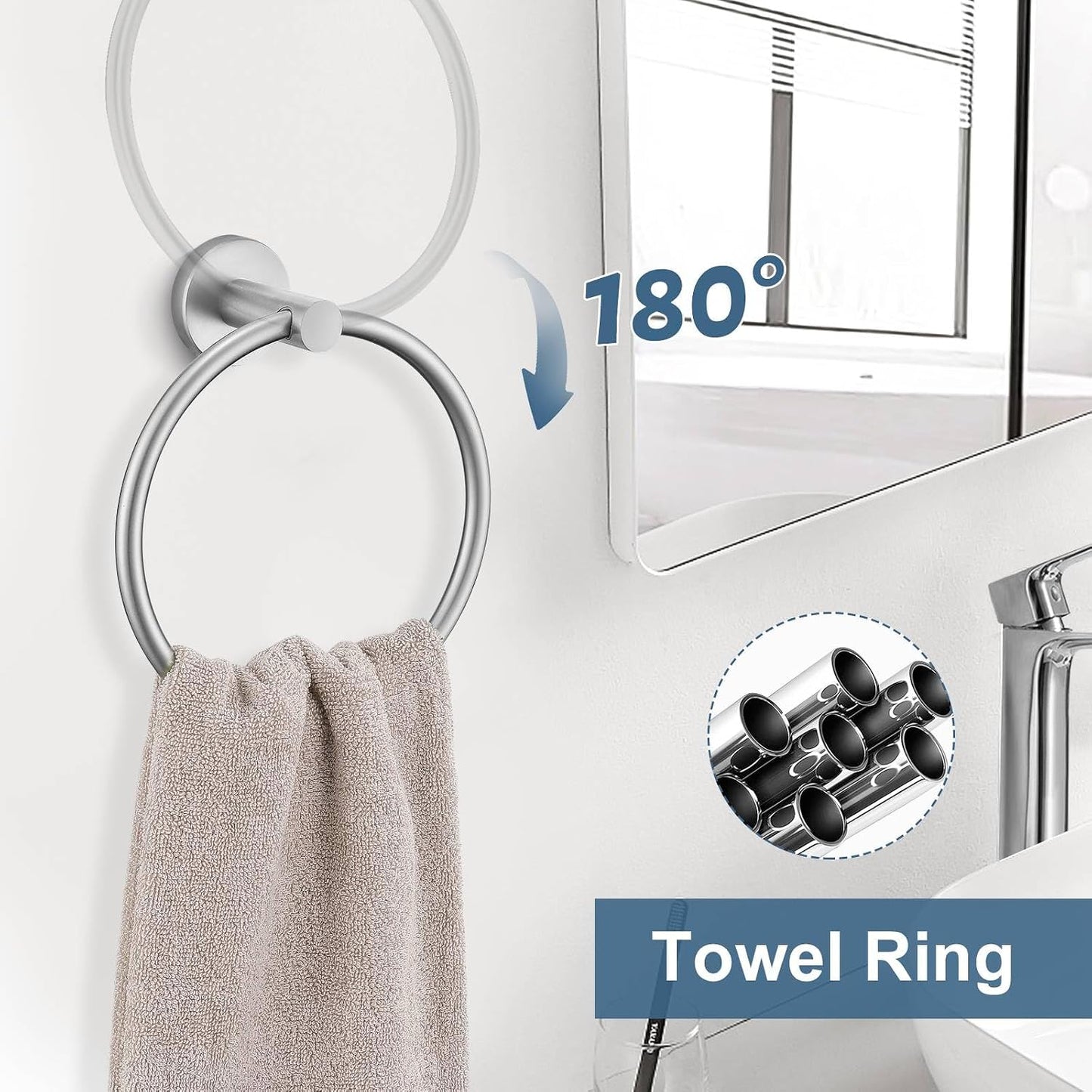 Brushed Nickel Bathroom Hardware Accessories Set, 5 Pieces Round Towel Bar Set Toilet Paper Holder Towel Rail Set for