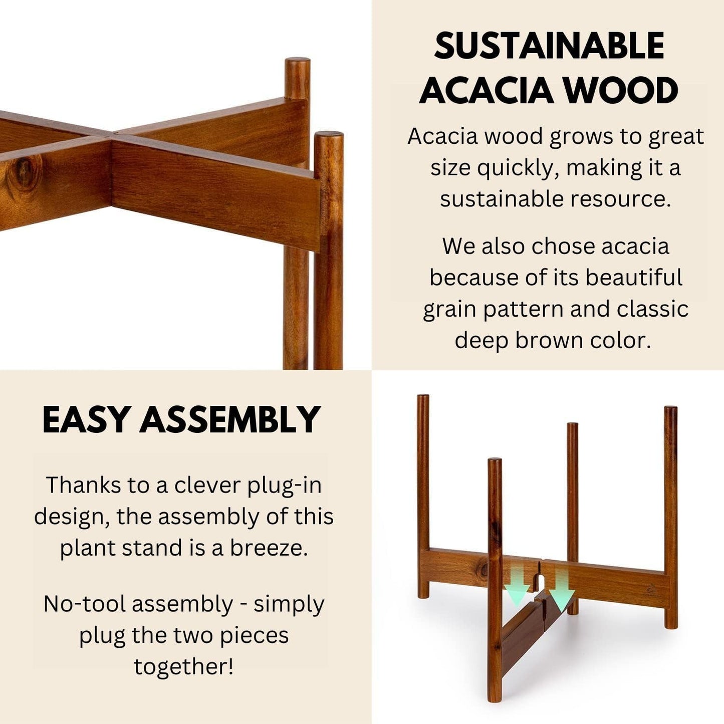 Fox & Fern Mid Century Plant Stands for Indoor Planters, Acacia, 14.9 Inch | Plug In Design, Holds 200 lbs, Two High