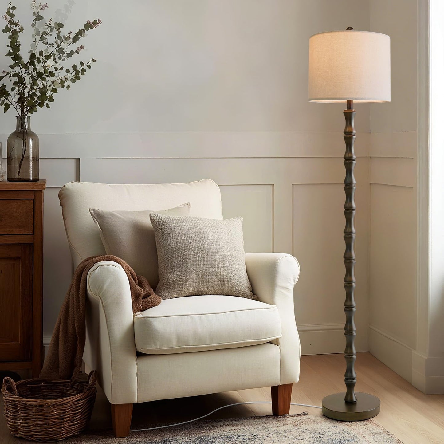 BOBOMOMO 62" Rustic Floor Lamp, Retro Farmhouse Standing Lamp with Rotary Switch, Resin Dark Brown Floor Lamp for