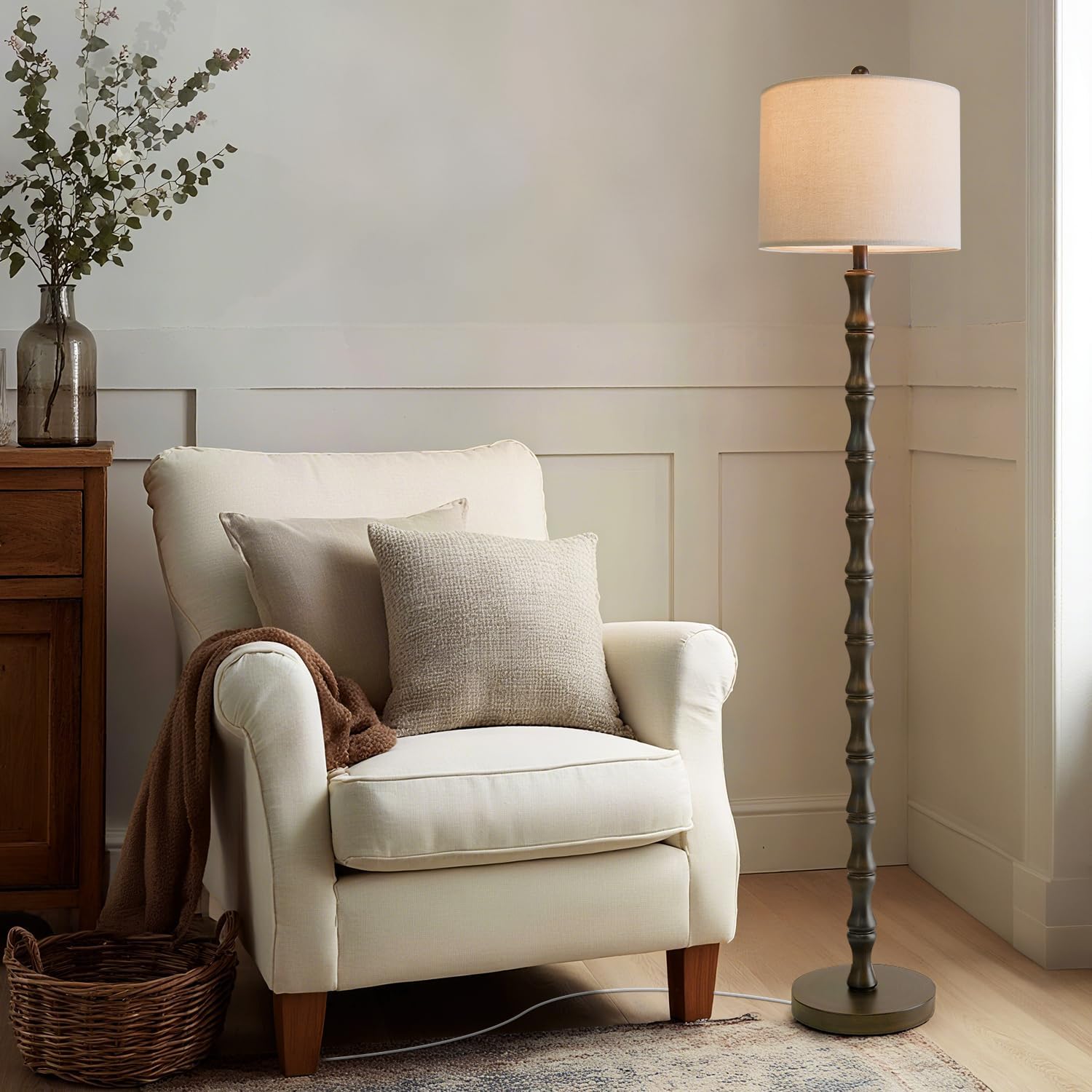 BOBOMOMO 62" Rustic Floor Lamp, Retro Farmhouse Standing Lamp with Rotary Switch, Resin Dark Brown Floor Lamp for