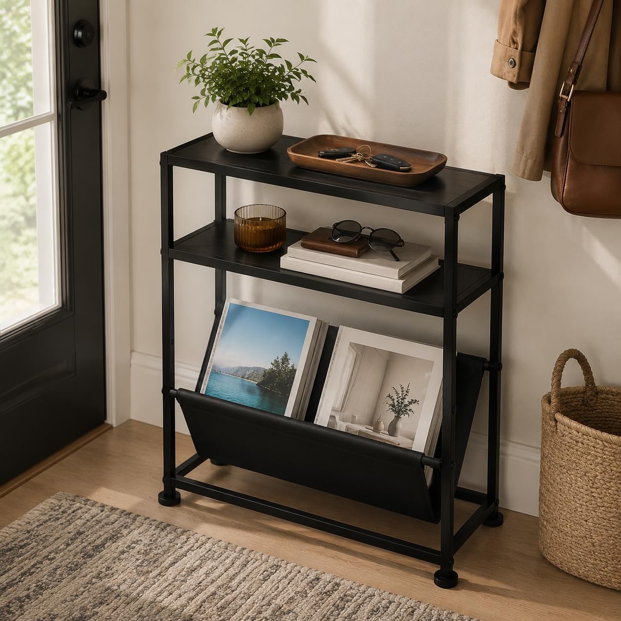 Narrow End Table for Small Spaces - Slim Side Table with Magazine Holder,2 in 1 Design Narrow Coffee Table Living
