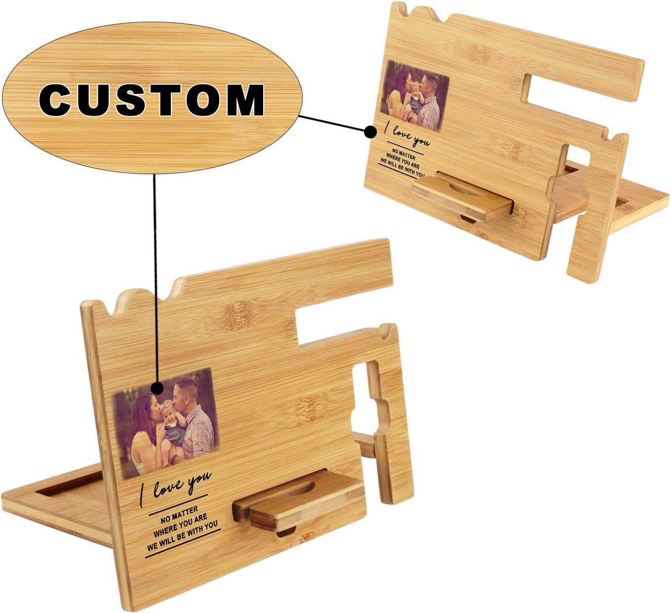 Gifts For Men - Wood Phone Docking Station Personalized - Engraved Nightstand Organizer With Phone Stand, Phone Holder