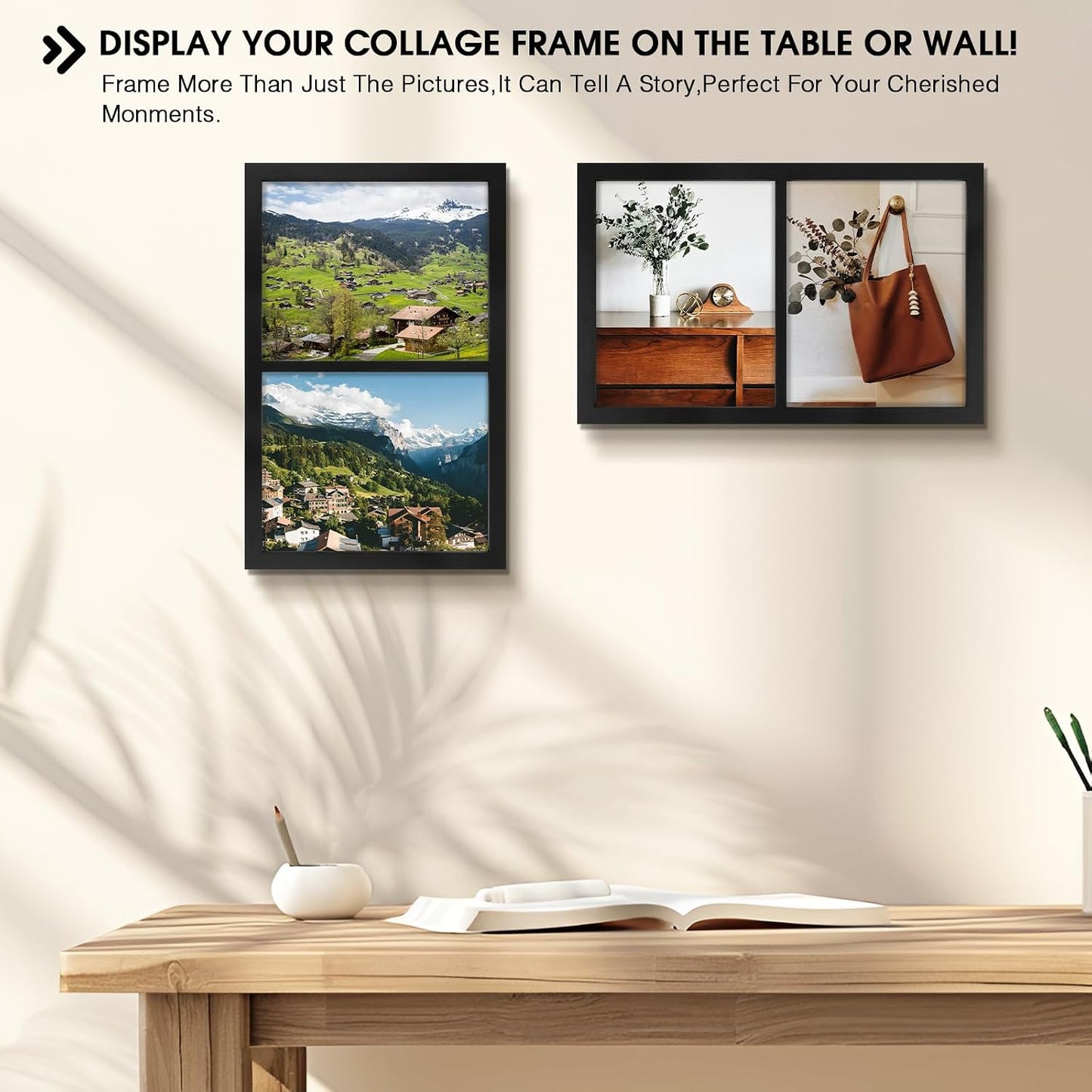 Golden State Art, 8x10 Double Picture Frame, Display Two 8x10 Photos(Black) | Solid Wood- Real Glass for Wall Mounting