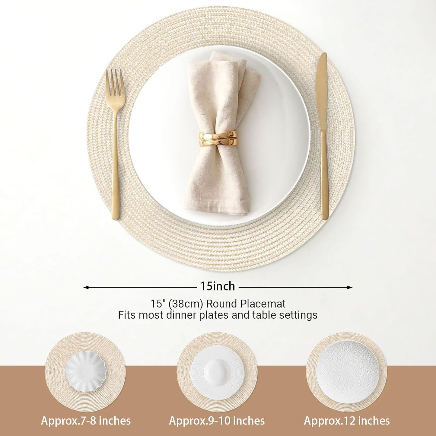 FunWheat Round Braided Placemats Set of 8 Place Mats for Dining Table Woven Washable Non-Slip Table Mats 15