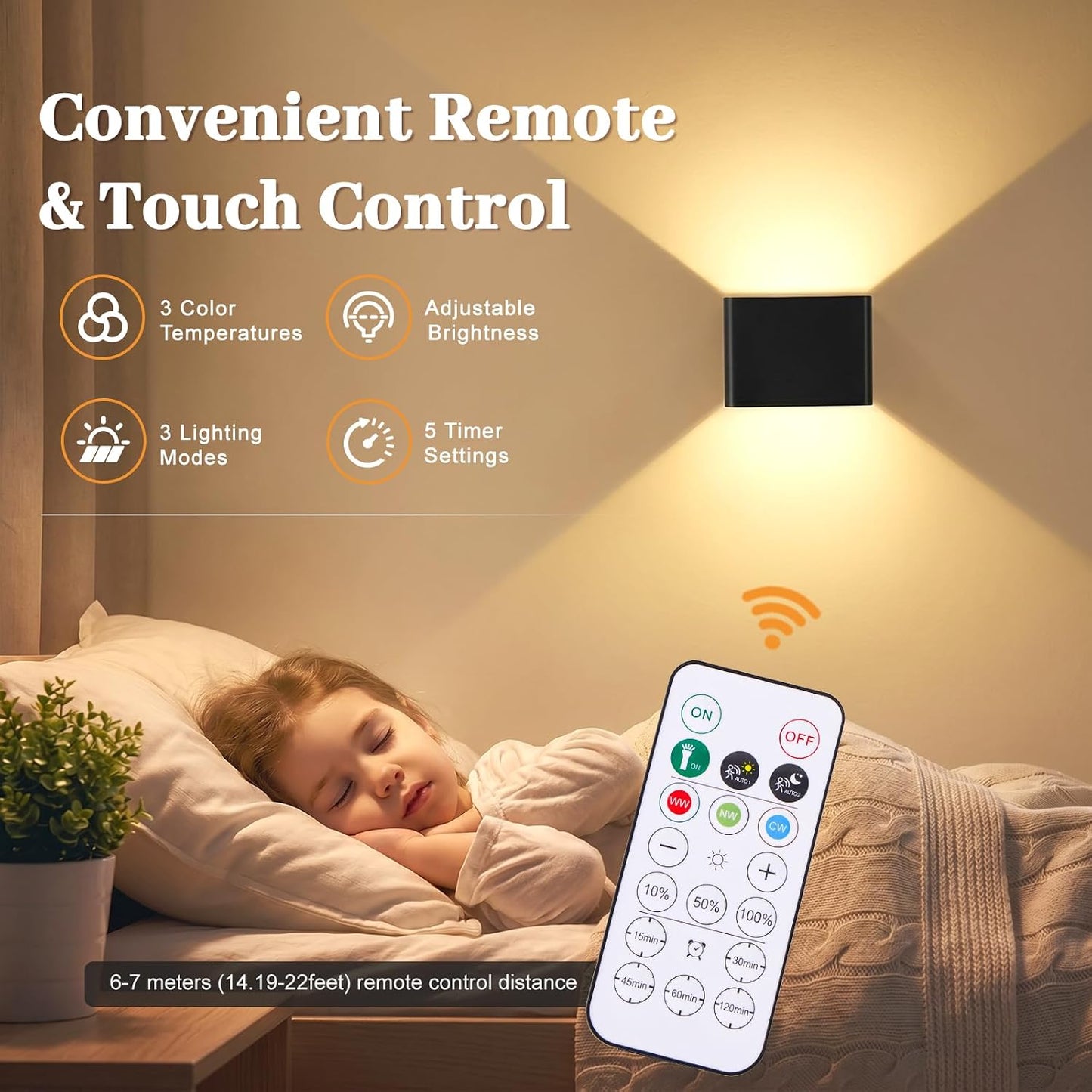 Rechargeable Motion Sensor Wall Lights, Black Battery Operated Wall Sconces | Touch&Remote Control, 3Colors & Dimmable