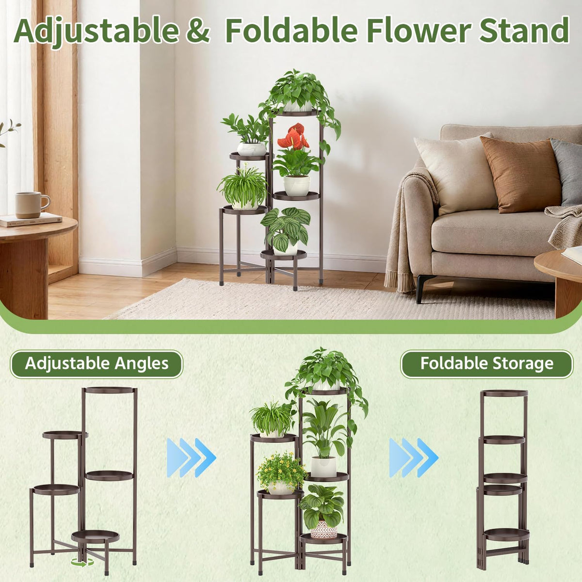 LASZOLA Plant Stand Indoor with 10 Inch Large Metal Tray, 5 Tier Bronze | Corner Tall Folding Flower Display Rack