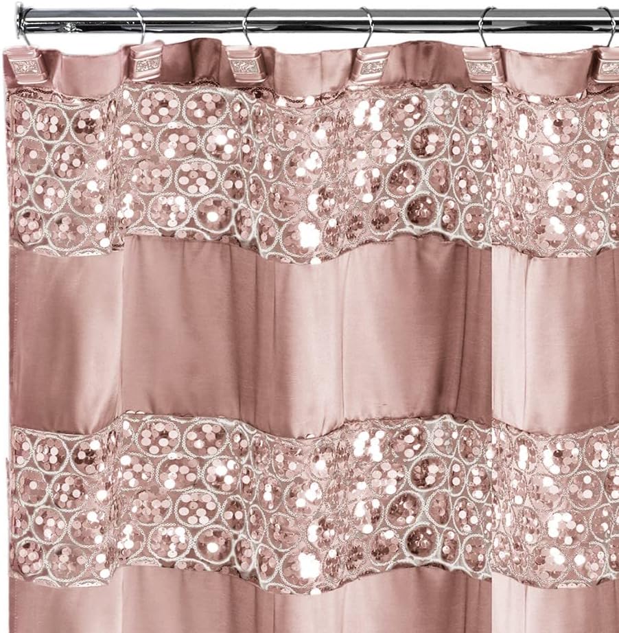 Zahari Home 13pc Sinatra Bathroom Shower Curtain Set - Blush Luxury Fabric With 12 Hooks - Unique Design Bling
