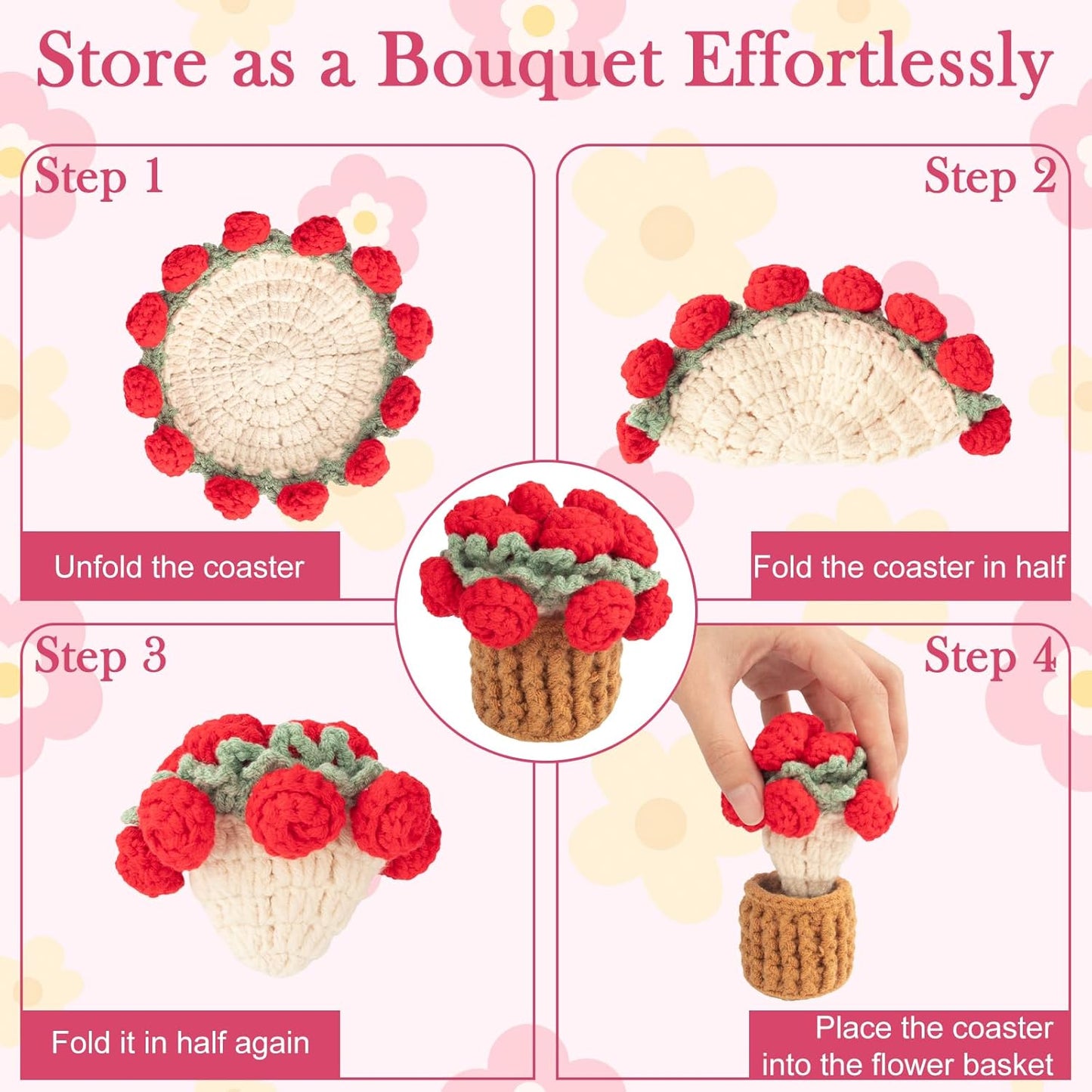 Basket / Crochet Flowers Coasters / Red,pink