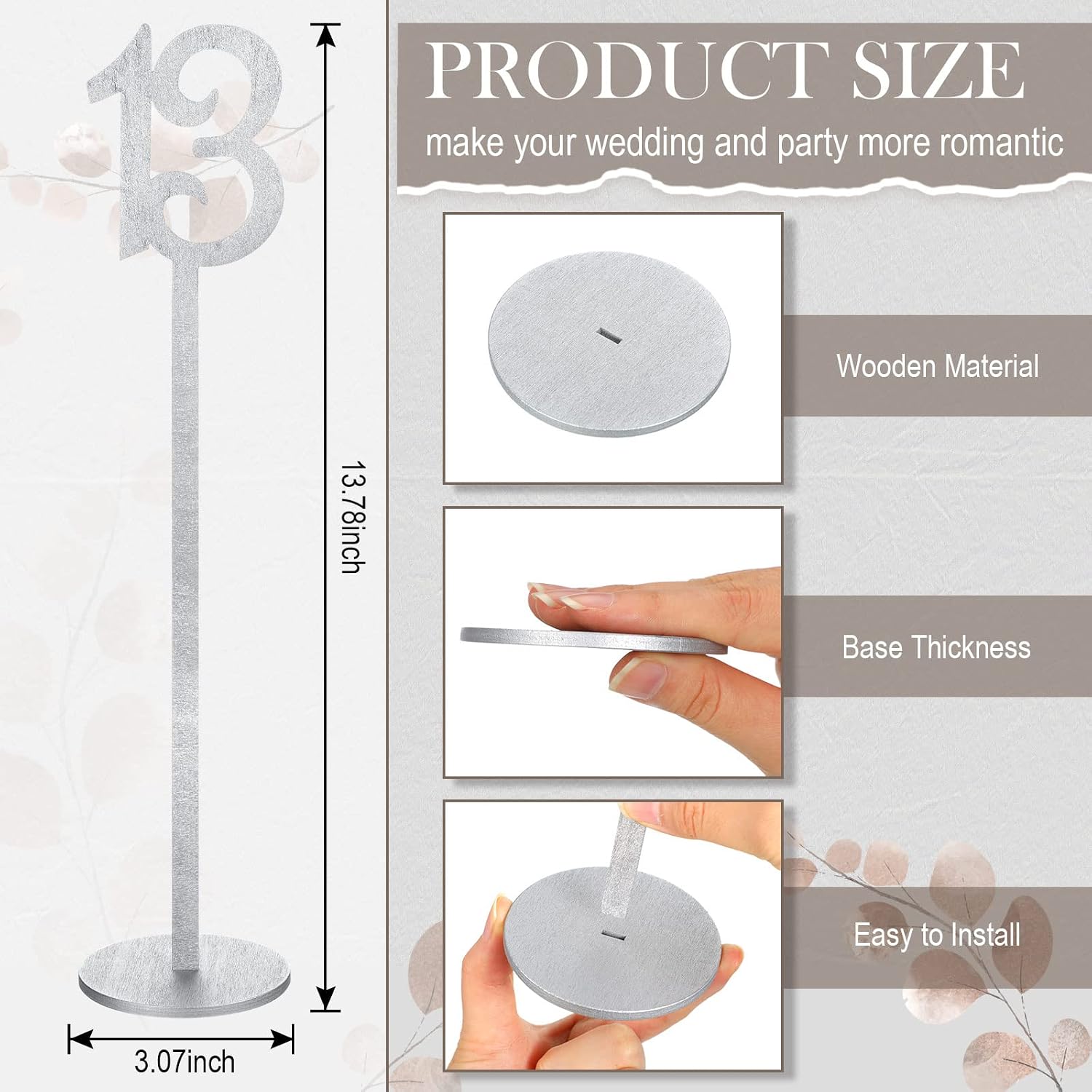 20 Pcs Table Numbers for Wedding with Holder, 1-20,Silver | Wooden Seat Numbers with Round Base Stands, Ideal for