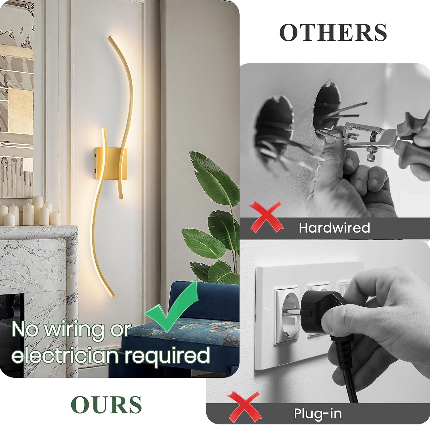 CANEOE Battery Operated Wall Sconce Set of 2, 18000mAh Gold Rechargeable Wall Lights with Remote Control,3000K-6000K