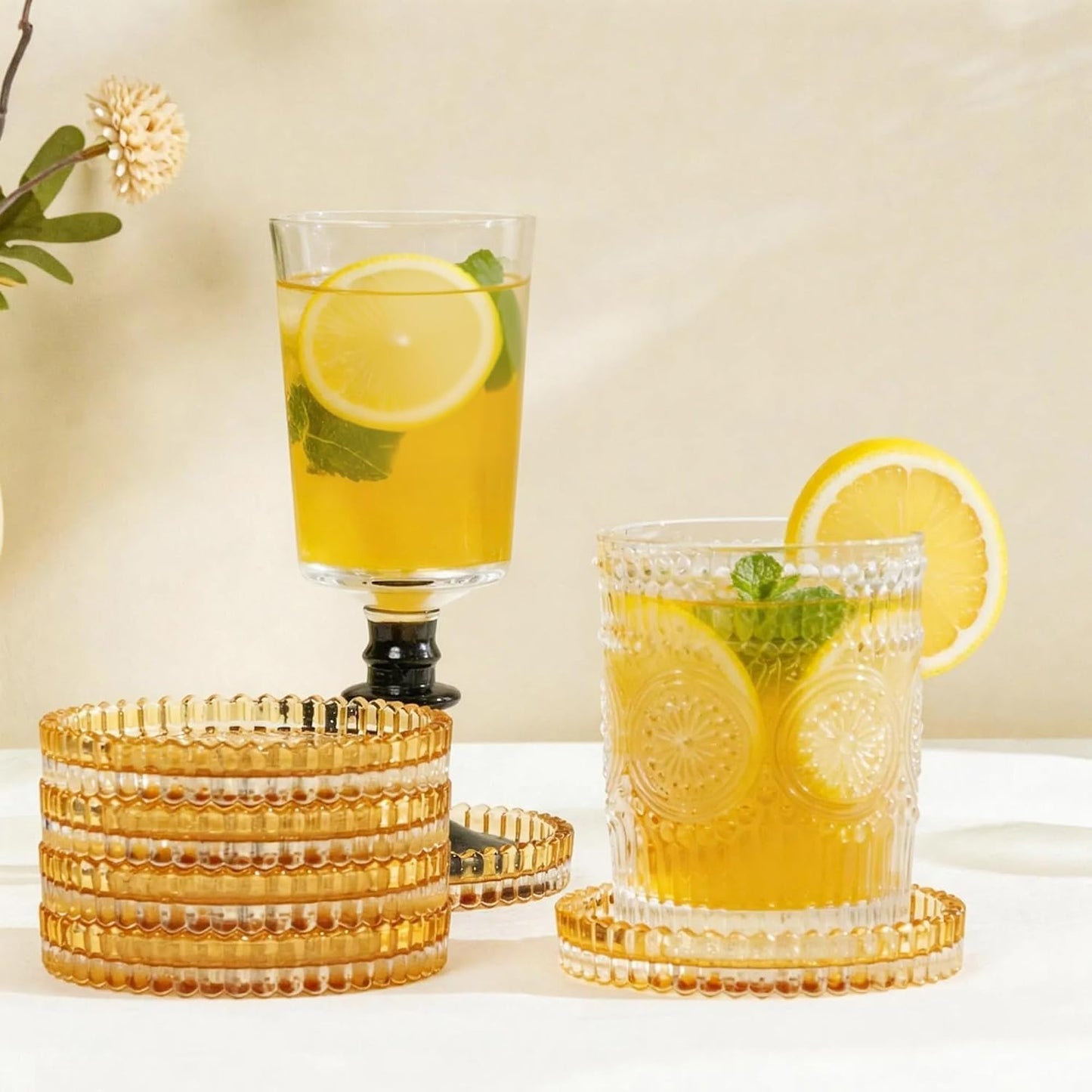 Holder Crystal Coaster Round Cup Coasters Coffee Table / Amber / Clear / Set of 6