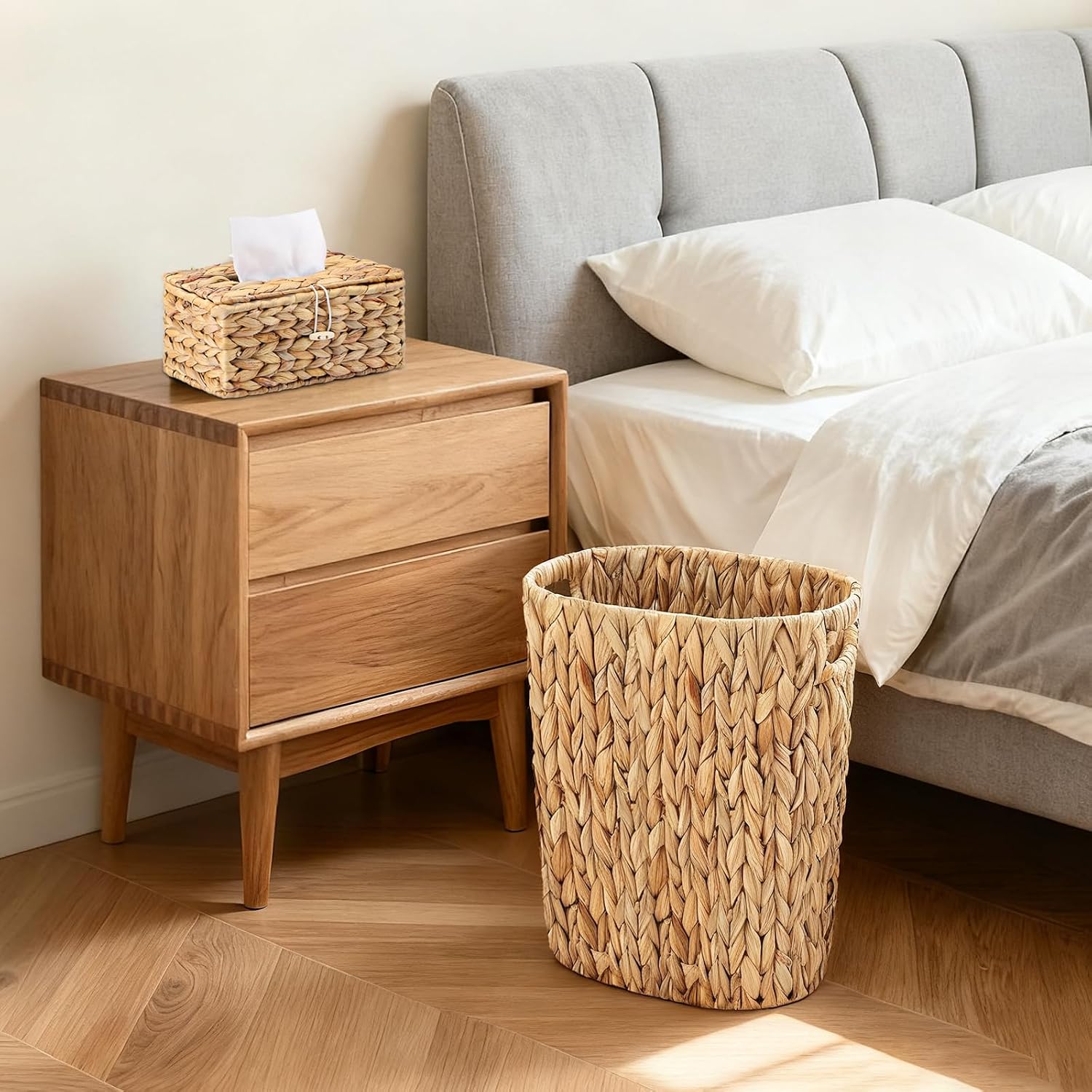 Wicker Trash Can and Rectangle Tissue Box / Khaki / Wicker Trash Can+rectangular Tissue Holders