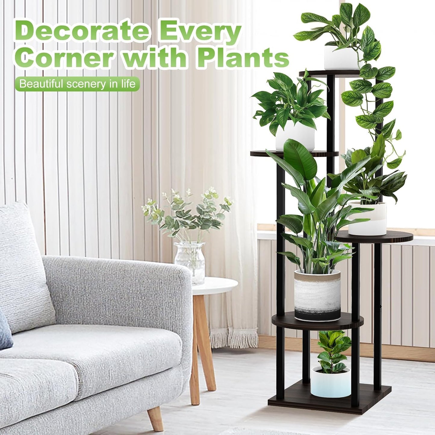 5 Tier Wood Tall Plant Stand Metal Rack Indoor, Multiple Flower Pot Holder Shelves Corner Rack, Round Planter Shelf