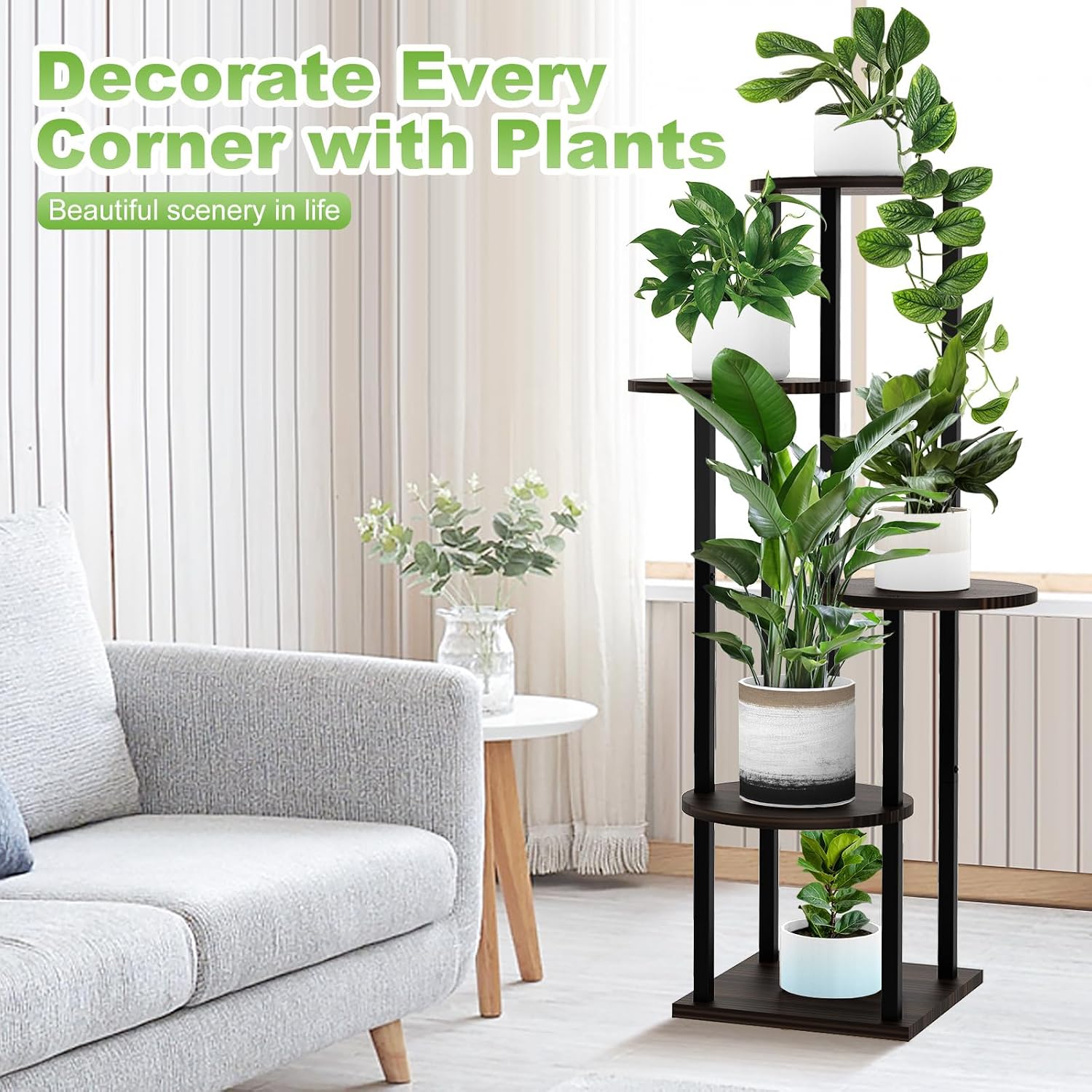 5 Tier Wood Tall Plant Stand Metal Rack Indoor, Multiple Flower Pot Holder Shelves Corner Rack, Round Planter Shelf