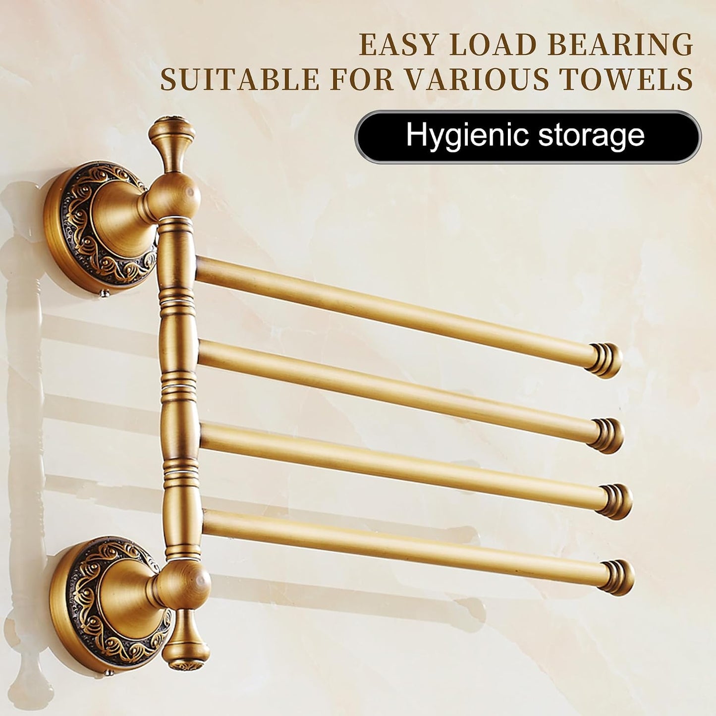 Wall Mounted Bathroom Folding Towel Rack, 4 Towel Bars Antique Brass Pattern Carving,Brushed Bronze