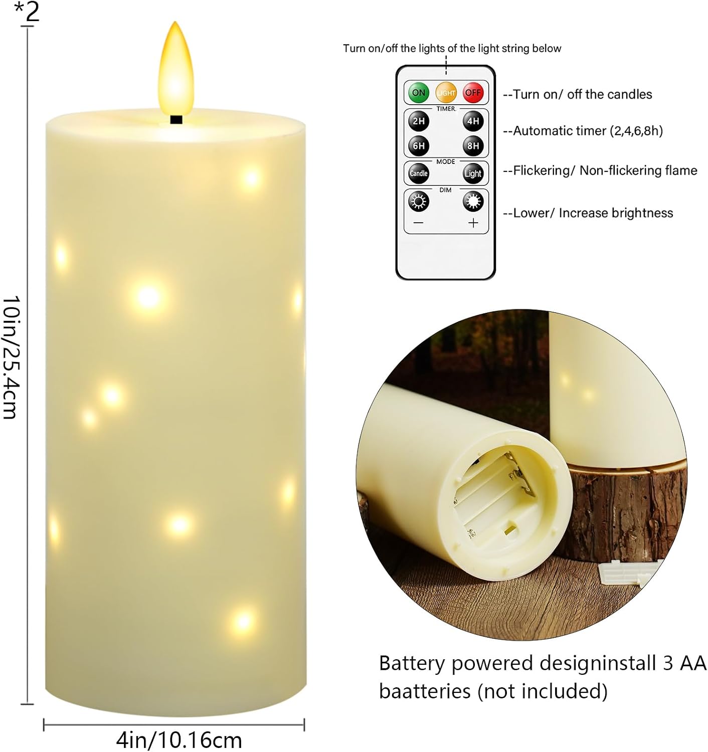 kakoya 10" x 4" Large Outdoor Waterproof Flickering Flameless Candles with Timer,2Pcs Battery Operated LED Pillar