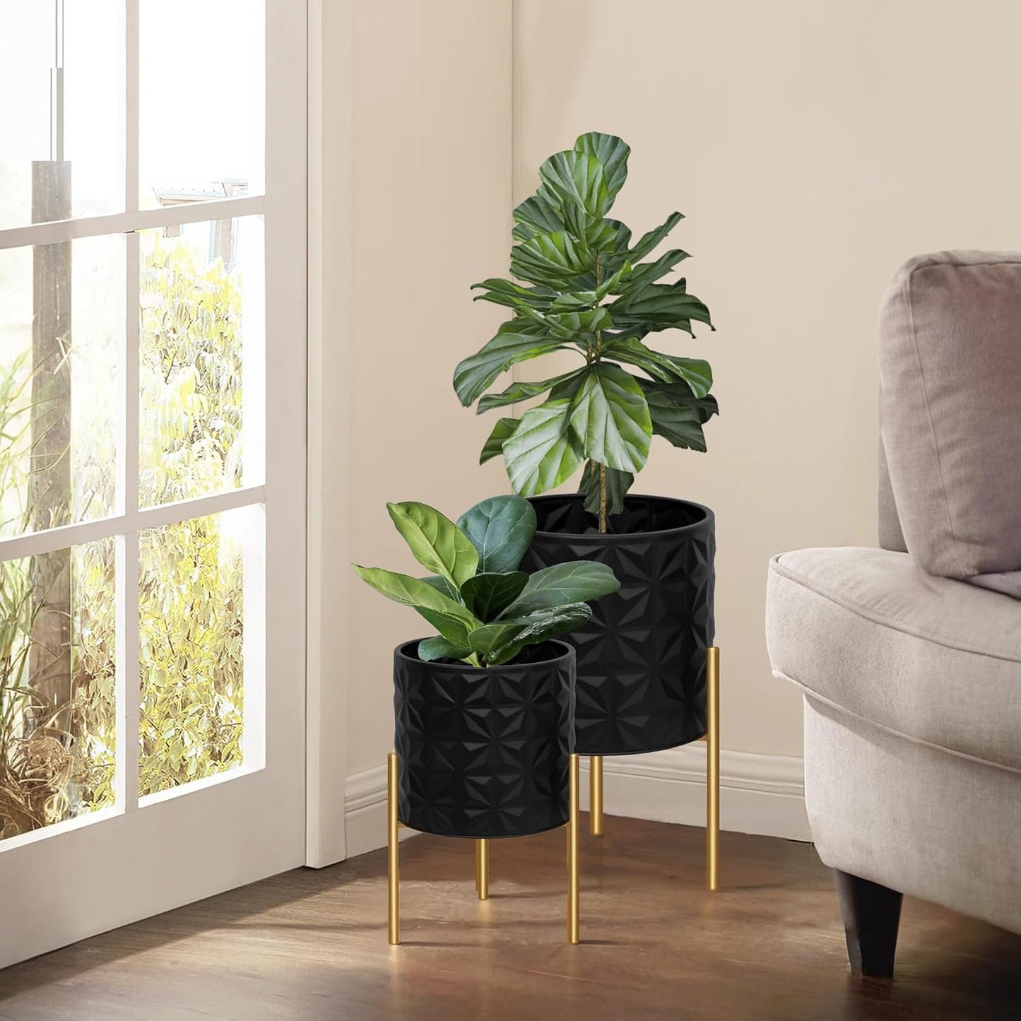 ARNIS Modern Planter Pots, Set of 2 Large Planters with Stand, Decorative Planters, Metal Pots with Drainage Holes for