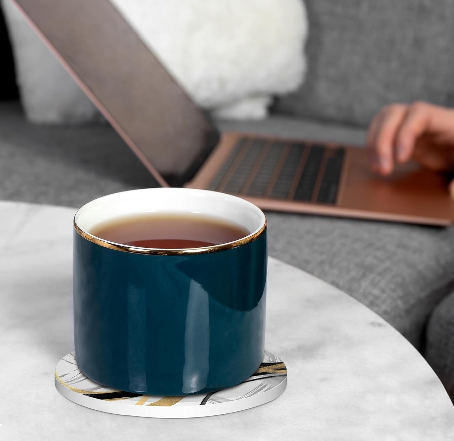 Modern Abstract Geometrical Ceramic Car Drink Coaster Cup Mat / Black and Gold / Set of 4