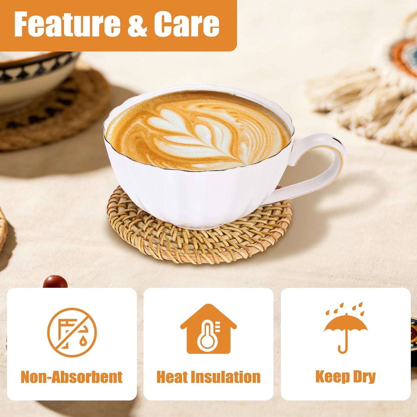 Holder / Boho Cup Coaster / Natural Rattan / Set of 6