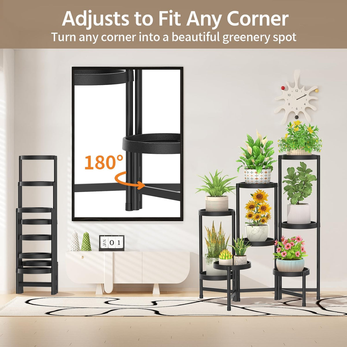 LASZOLA Plant Stand Indoor Outdoor Tall with Plastic Tray, 8 Tiers Black | Corner Folding Flower Display Rack, Modern