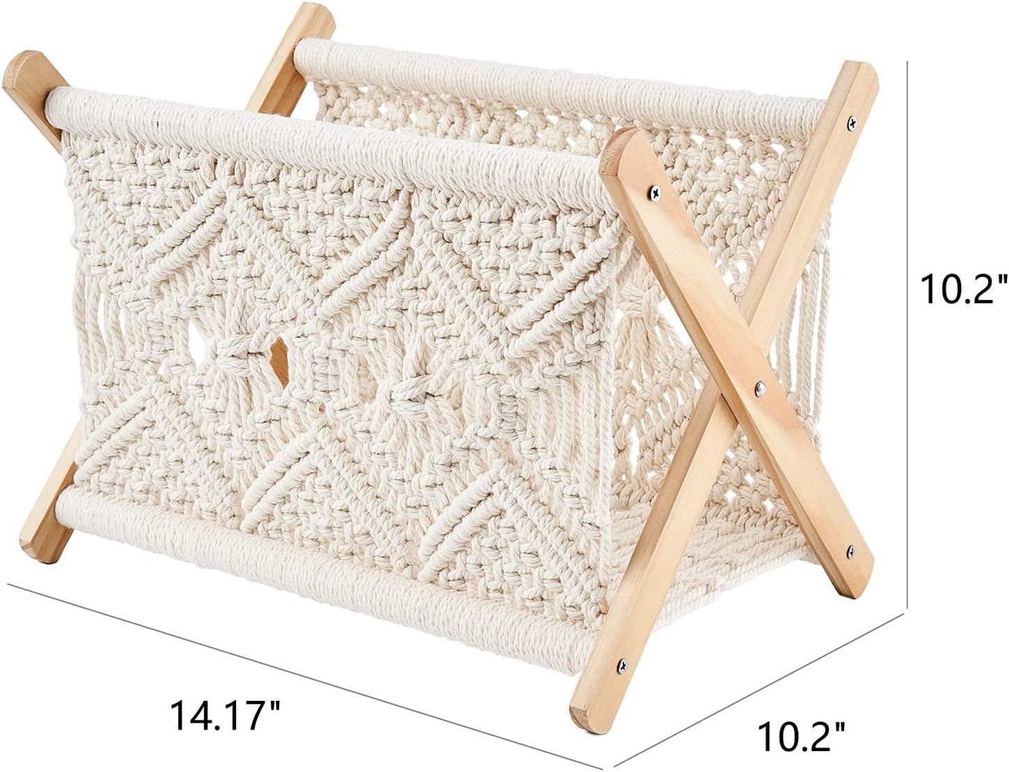 Mkono Macrame Magazine Holder, Boho Woven Book Rack Basket, 14" L x 10" W | Boho Decor, Mail Paper Vinyl Storage