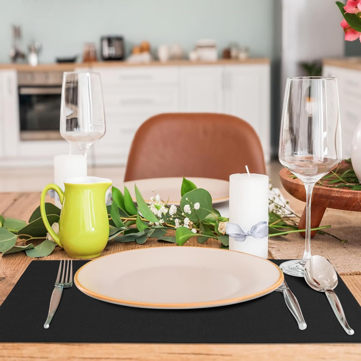 MANSPHIL Black Cloth Placemats Set of 6 Double Layer Thick Fabric Table Mats Faux Linen Place Mats Heat Resistant