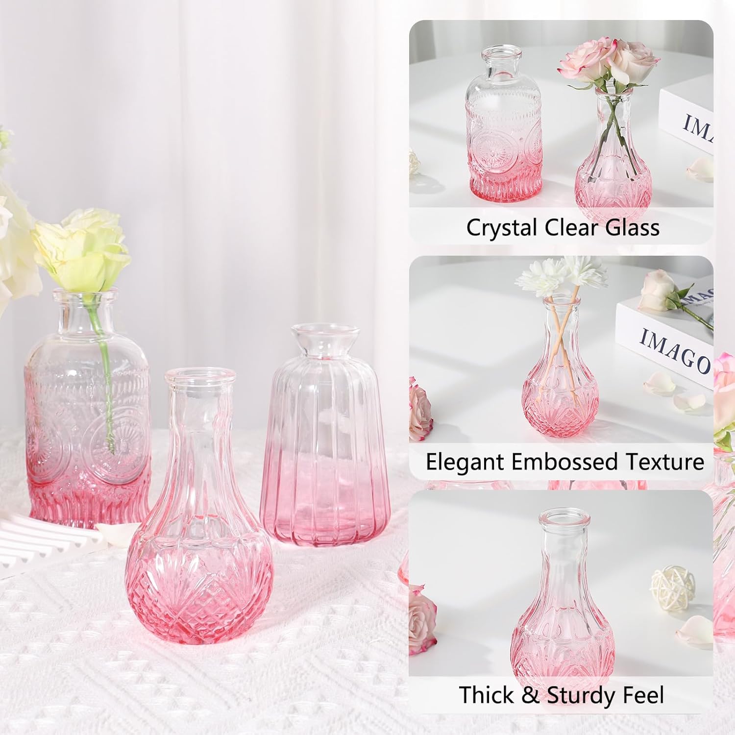 Glass Bud Vases Mini Flower Vase Small Vintage Vases for Centerpiece Table Wedding / Gradient Pink