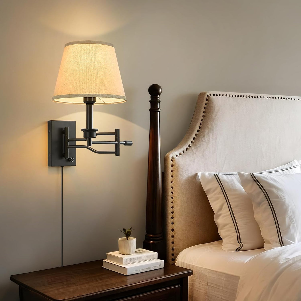 15" Black Swing Arm Wall Sconce Adjustable Wall Lamp, Plug in Wall Sconce with Dimmer Switch, Wall Mounted Reading