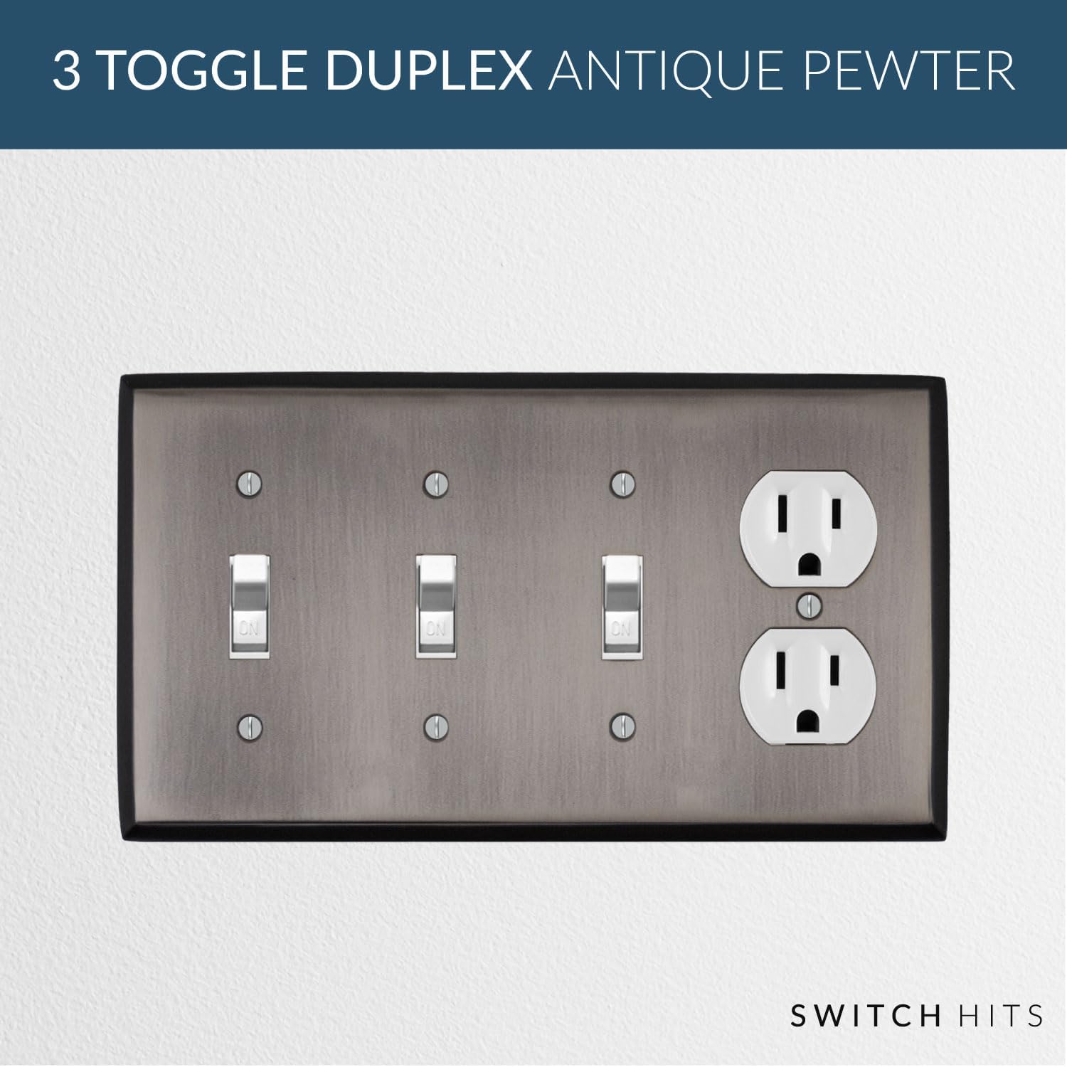 Antique Pewter Outlet Wall Plate | 3 Toggle - 1 Duplex | 8.25" x 4.5" | Hand-Polished Brass Construction | Electrical