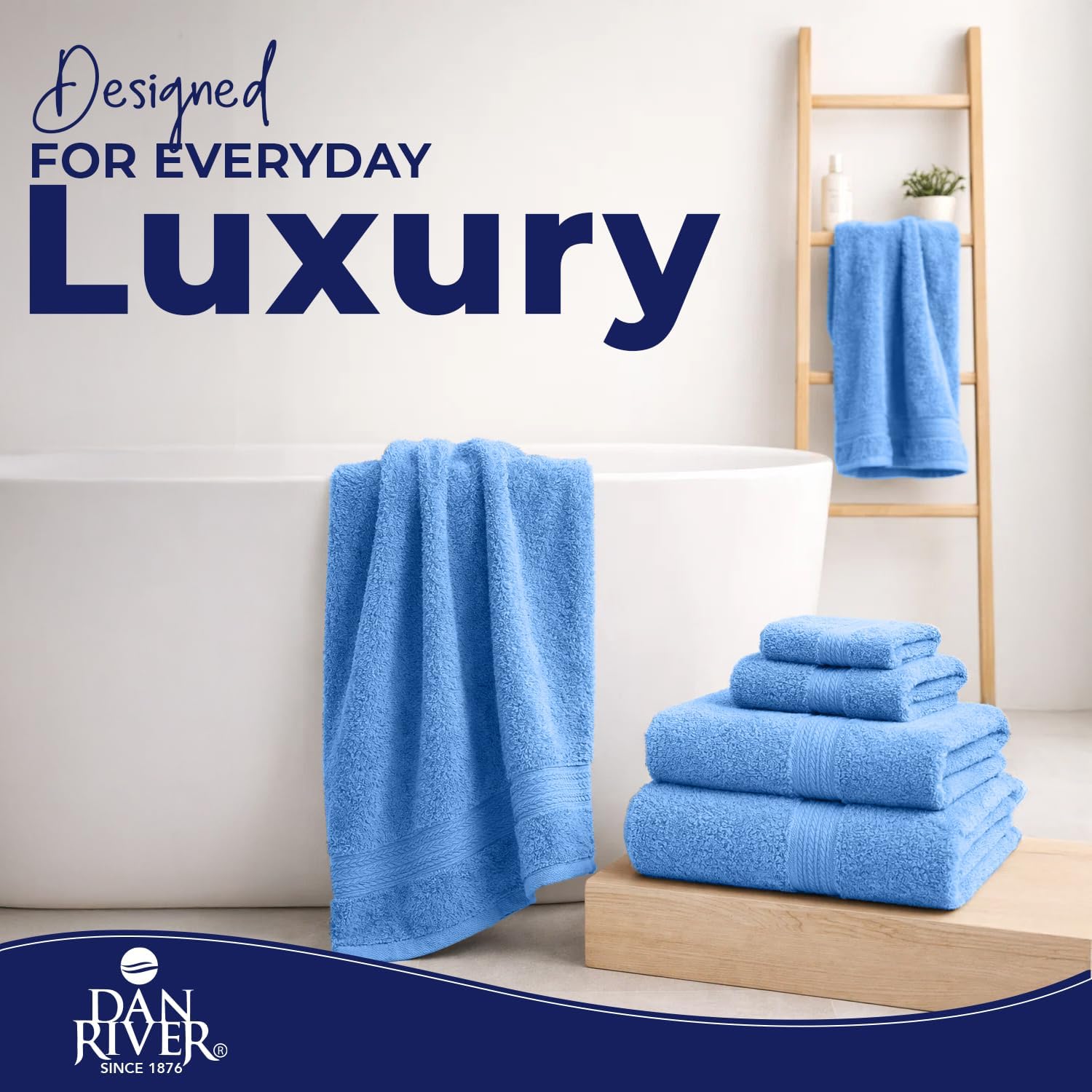 DAN RIVER 8 Piece Luxury Bath Towels for Bathroom, Towel Set, Medium Blue | 2 Bath towels, 2 Hand towels, and 4 Wash