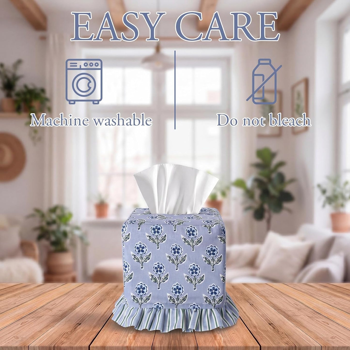 Apatite Floral Ruffle Tissue Box Cover Block Printed Cotton Fabric Napkin Holder Square Boho / Blue