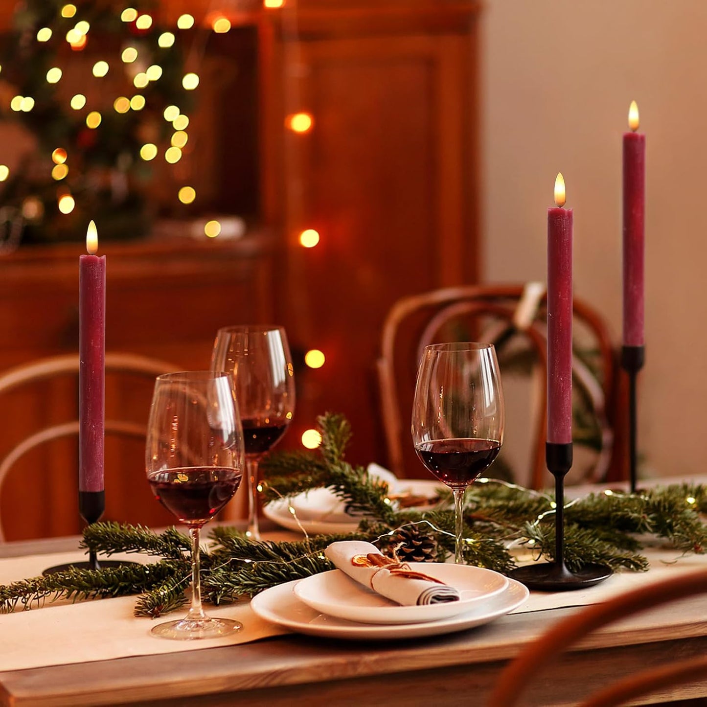 Christmas Red Flameless Taper Candles Flickering with 6H Timer | LED Taper Candles, Flameless Candlesticks, Battery