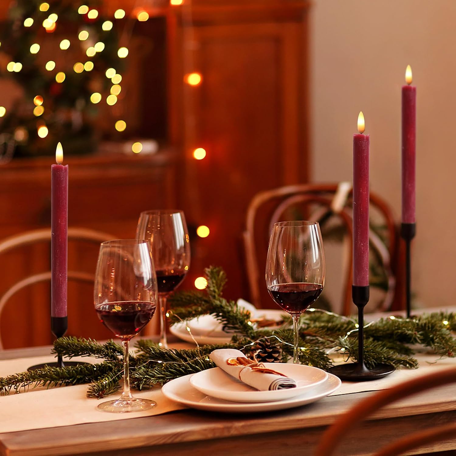 Christmas Red Flameless Taper Candles Flickering with 6H Timer | LED Taper Candles, Flameless Candlesticks, Battery