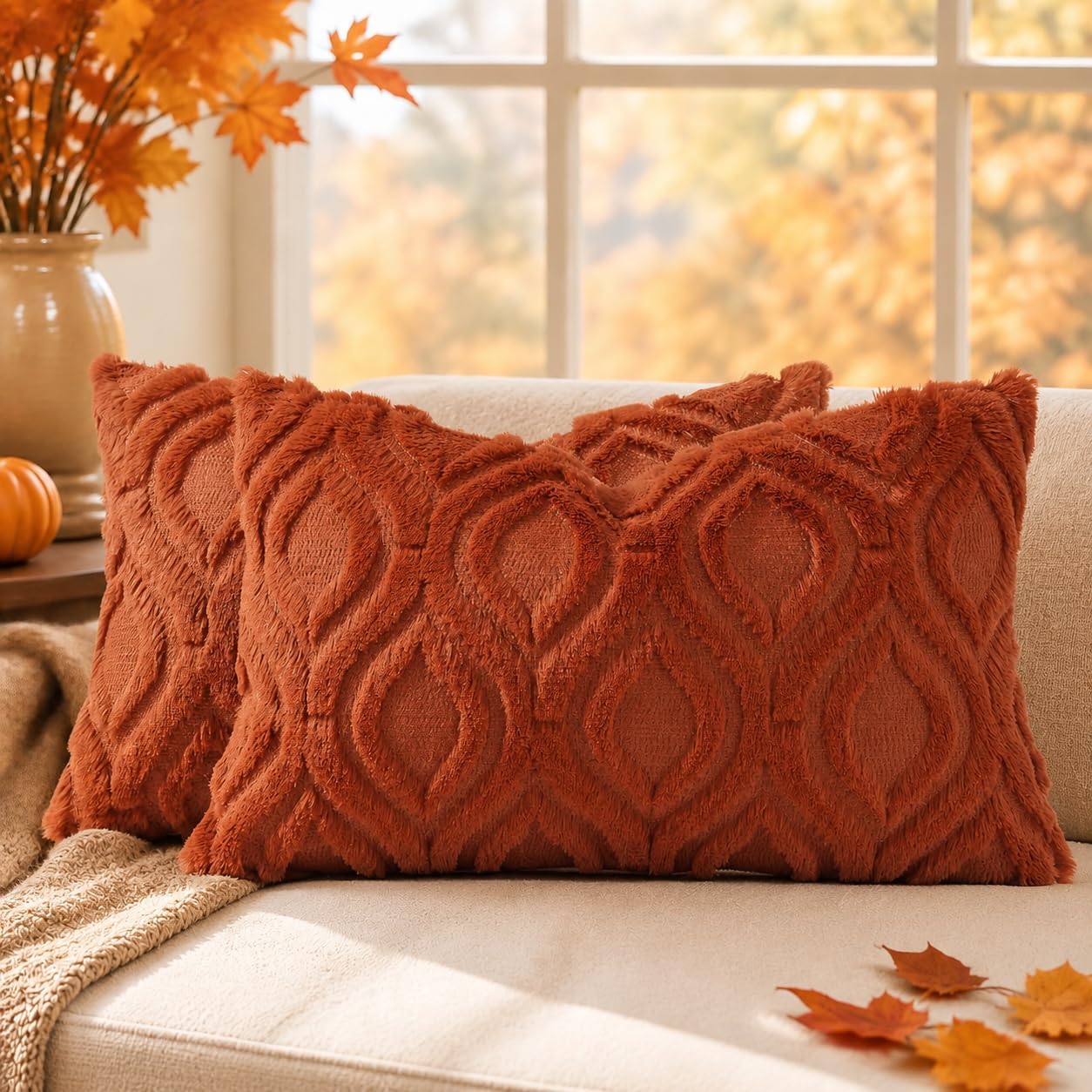 MIULEE Linen Fringe Decorative Fall Euro Throw Pillow Covers Brick 24x24