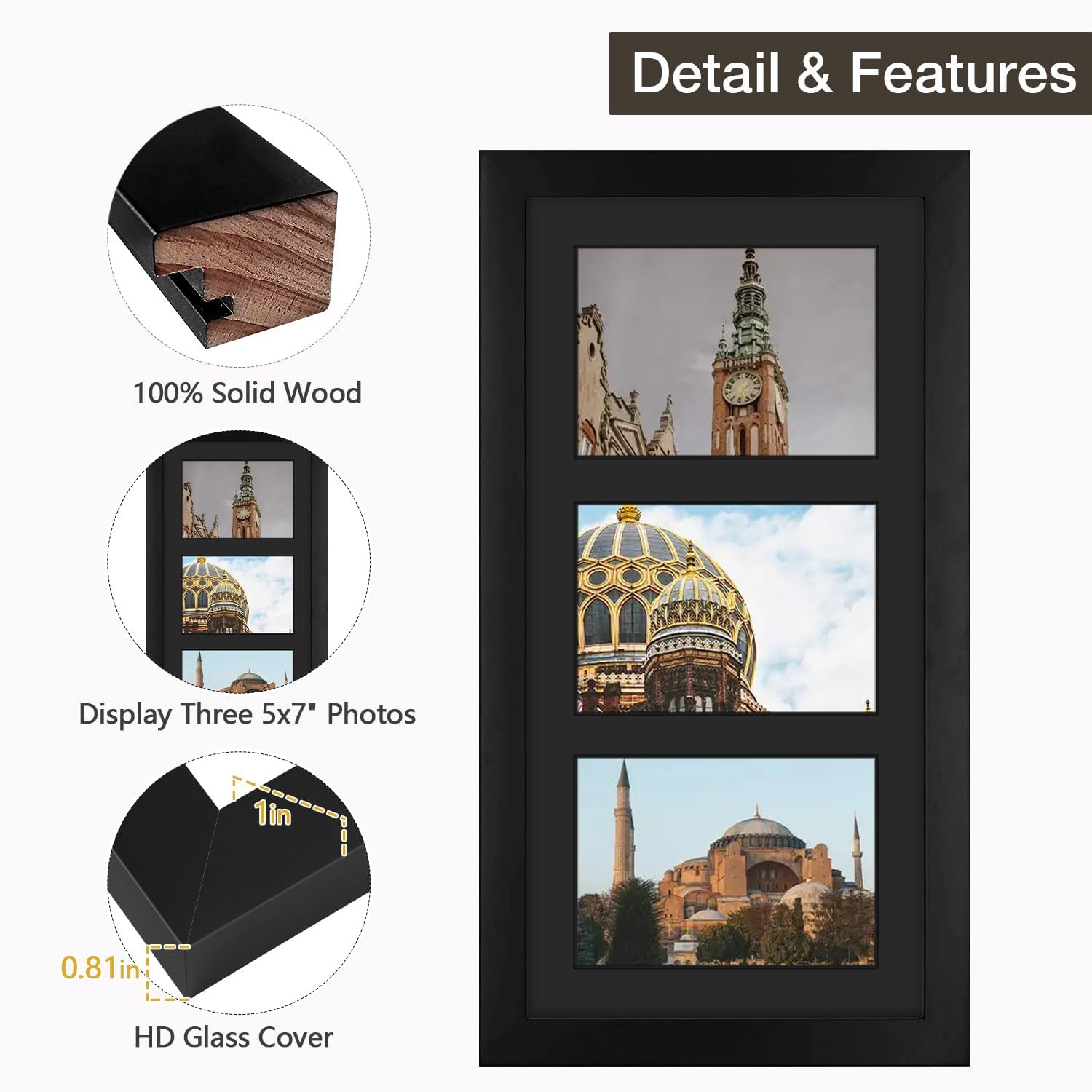 Golden State Art 9x18 Black Wood Frame - for Three 5x7 Pictures, 3 Pack | Black Mat,Matted to 3 5x7 Picture,Solid Wood