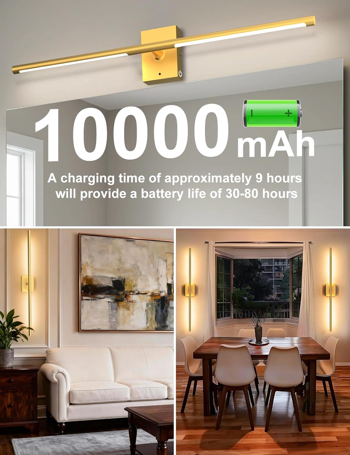 Battery Operated Wall Sconces Set of 2, Wireless Rechargeable Wall Lights | 10000mAh, Remote Control, 4CCT Dimmable