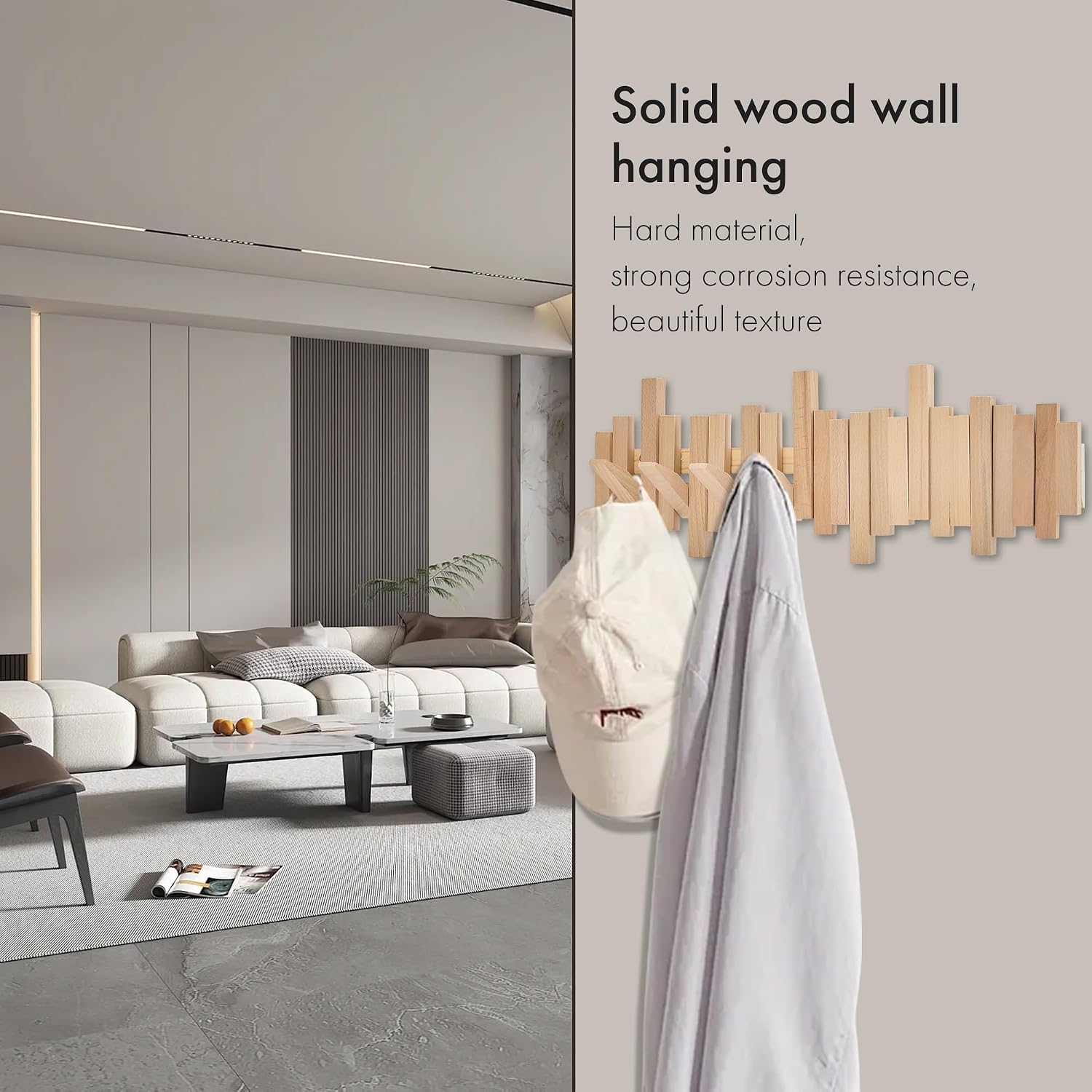 Natural Wood Wall Mounted Piano Coat Rack | Mounted Coat | Flip Up Wall Hook 8 Hooks | Entry Art Hooks in Walnut (Wood