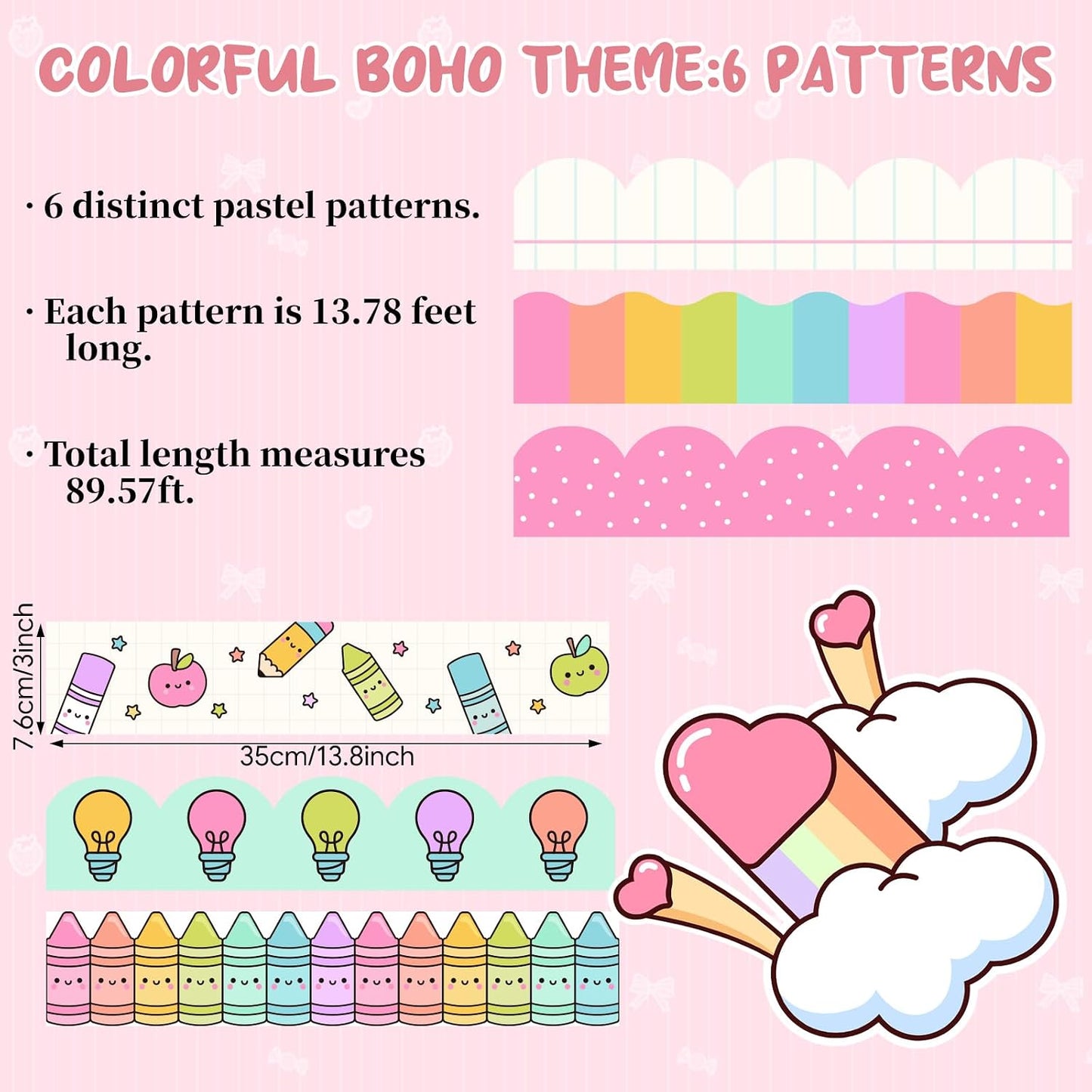 Back to School Bulletin Board Borders Notebook Adhesive Classroom Trim Pastel / Bright / 90 ft
