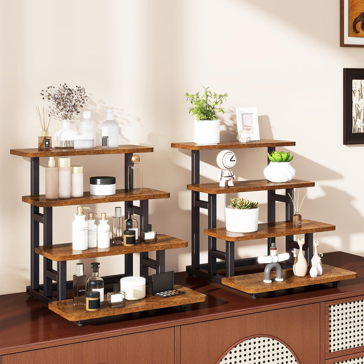 IBUYKE 4 Tier Cupcake Stand,Tiered Display Stand,Brown TLJ018H | Wooden Risers Display Stands for food Dessert Table