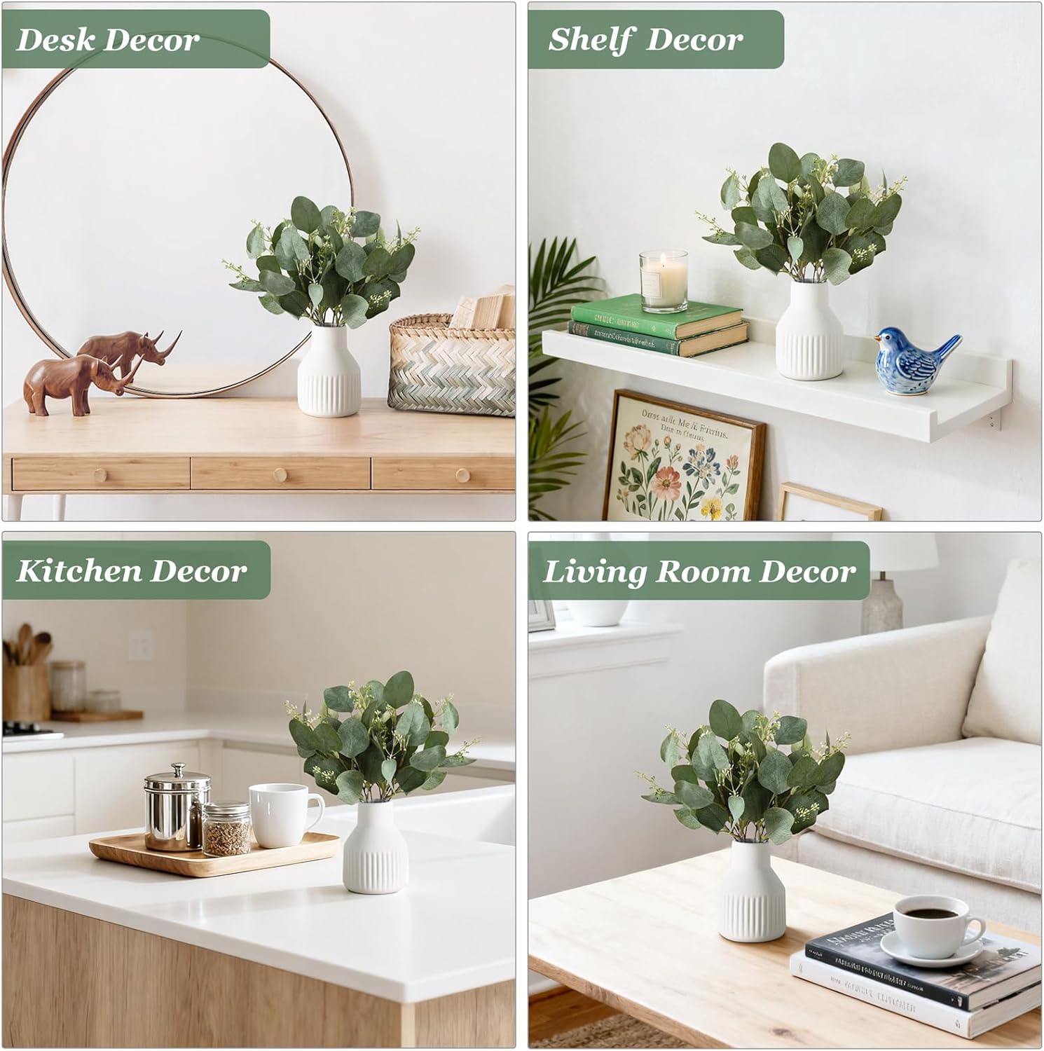 Artificial Eucalyptus Stems in Ceramic Vase Centerpiece Table Decorations Modern / White / Small