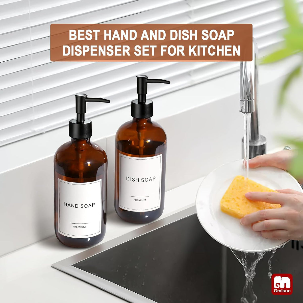 GMISUN Amber Glass Soap Dispenser, 2 Pack Bathroom Hand Soap Dispensers with Stainless Steel Pump, 17 Fl Oz Kitchen