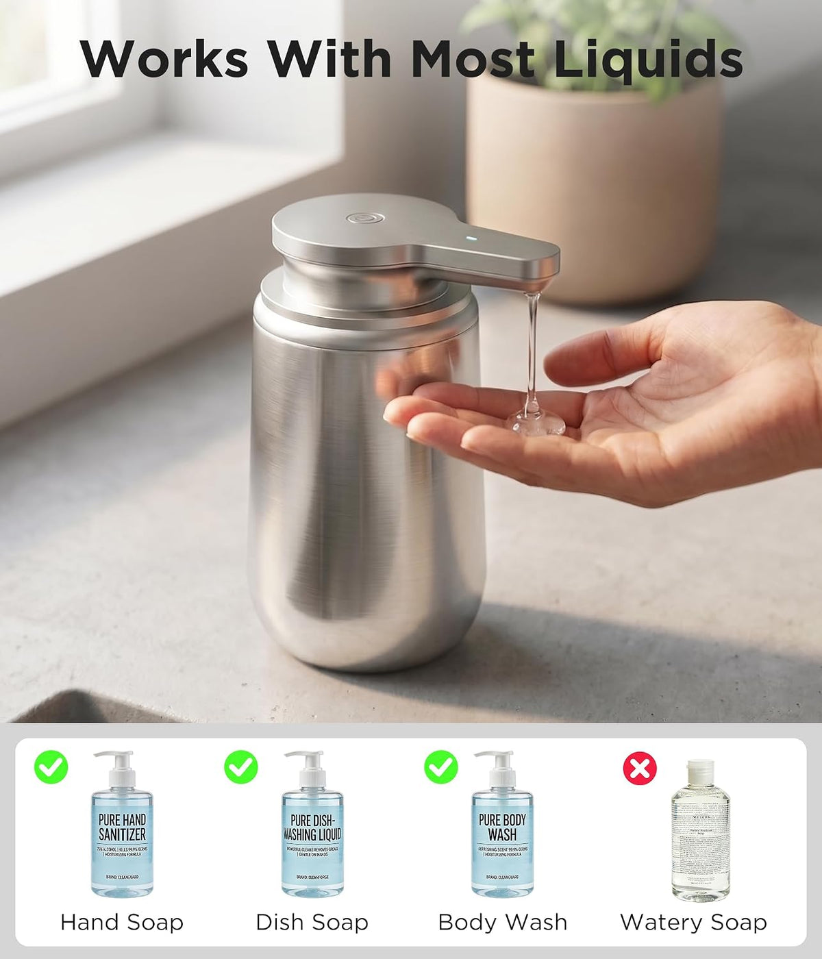 Newise Automatic Liquid Soap Dispenser Touchless - 10.5 Oz, Stainless Steel | 2 Adjustable Dispensing Modes