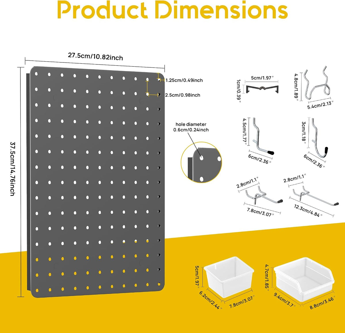 Pegboard Organizer Kit, 6 Pack 12 x 16 in Steel Metal with 6 Bins, Gray | 6 clear storage bins organize screws and