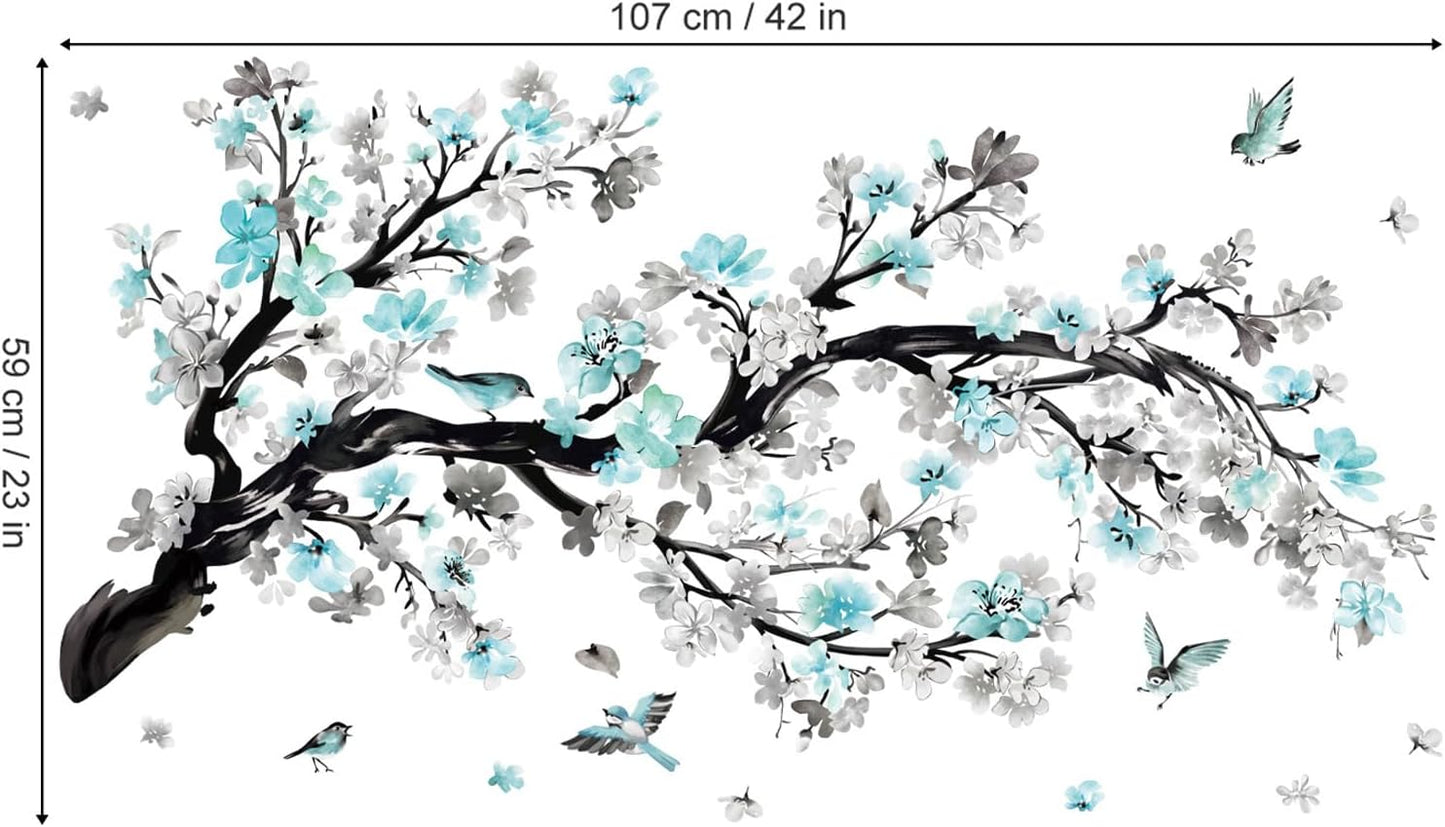 Watercolor Flower Branch Wall Stickers Blossom Tree Floral Birds Peel and Stick Wall Art / Blue